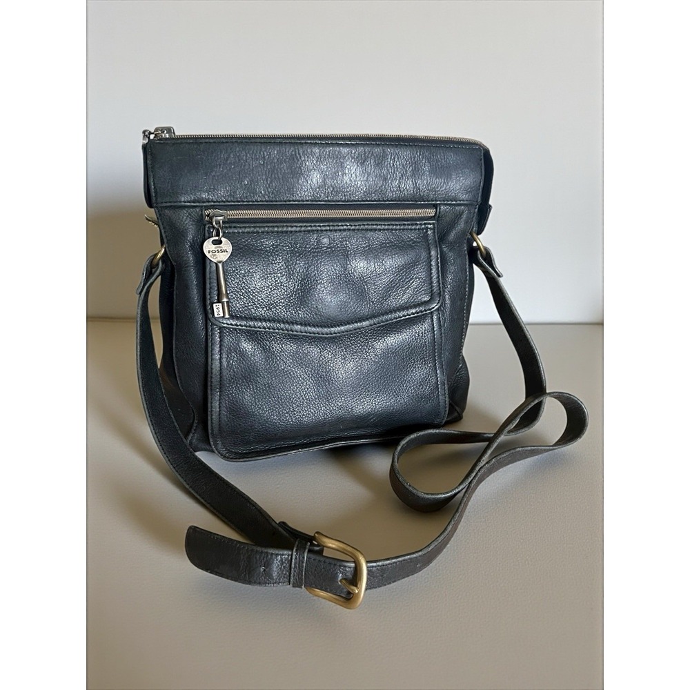 Vtg Fossil Crossbody Handbag Black Pebble Leather Cargo‎ Organizer Adj Strap Key